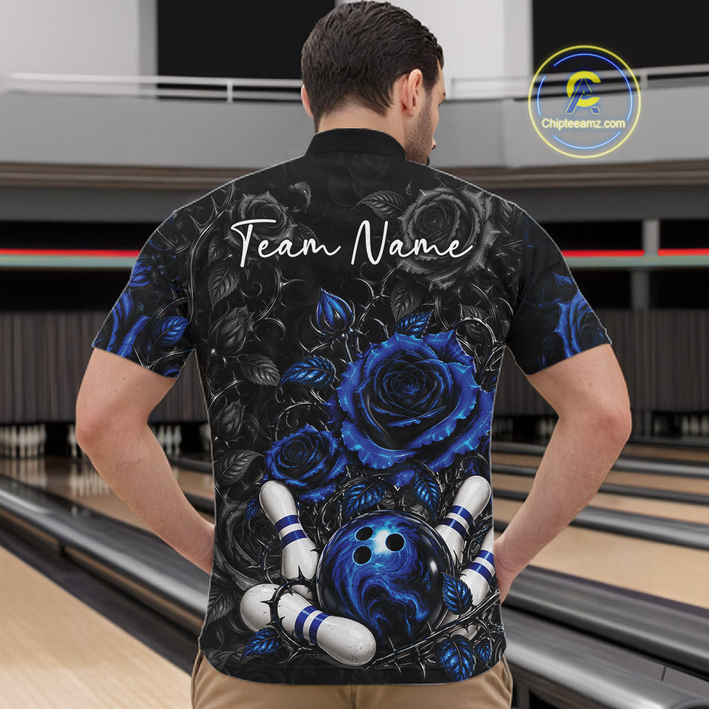 Custom Blue Roses Bowling Team Shirt, Flower Bowling Lover Men Quarter Zip Shirt Bowlers Gift IPHW12237