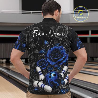 Custom Blue Roses Bowling Team Shirt, Flower Bowling Lover Men Quarter Zip Shirt Bowlers Gift IPHW12237