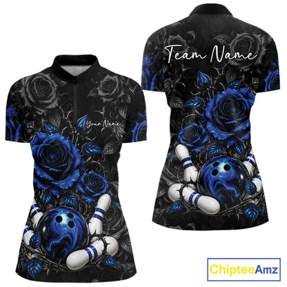 Custom Blue Roses Flower Bowling Lover Women Quarter-Zip Shirt Bowlers Gift IPHW12237