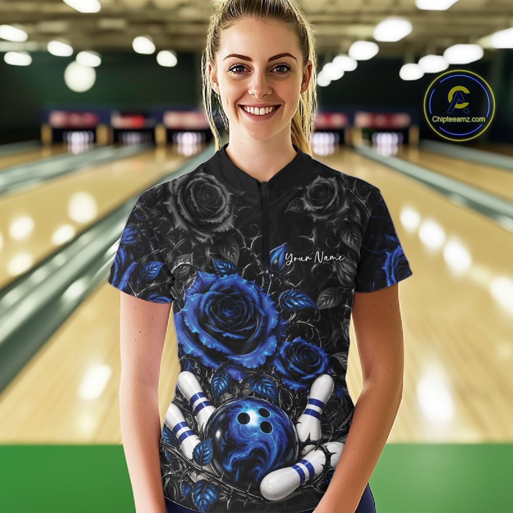 Custom Blue Roses Flower Bowling Lover Women Quarter-Zip Shirt Bowlers Gift IPHW12237