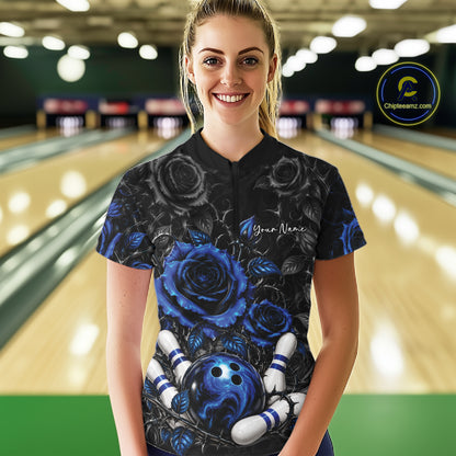 Custom Blue Roses Flower Bowling Lover Women Quarter-Zip Shirt Bowlers Gift IPHW12237