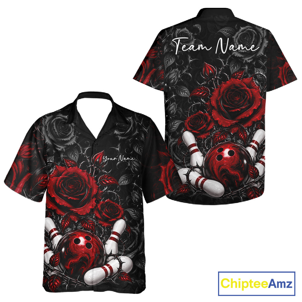 Custom Red Roses Bowling Team Shirt, Flower Bowling Lover Men And Women Button Up Shirt Bowlers Gift IPHW12238