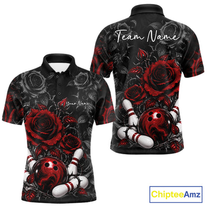 Custom Red Roses Bowling Team Shirt, Flower Bowling Lover Men Polo Shirt Bowlers Gift IPHW12238