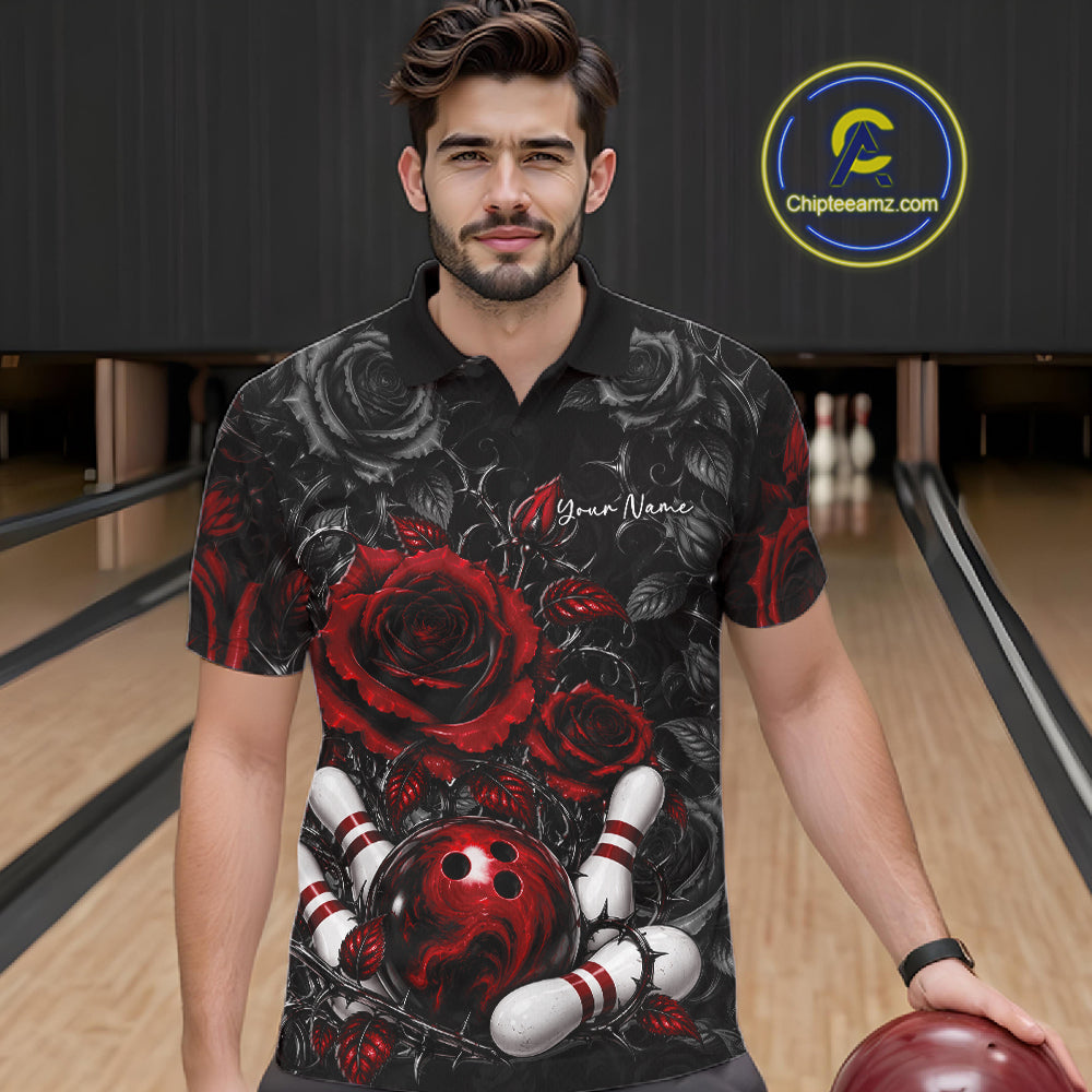 Custom Red Roses Bowling Team Shirt, Flower Bowling Lover Men Polo Shirt Bowlers Gift IPHW12238