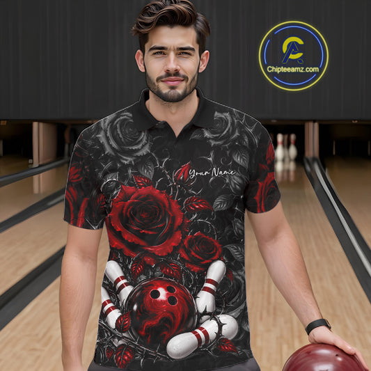 Custom Red Roses Bowling Team Shirt, Flower Bowling Lover Men Polo Shirt Bowlers Gift IPHW12238