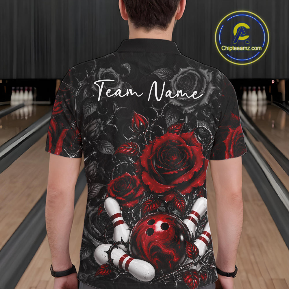 Custom Red Roses Bowling Team Shirt, Flower Bowling Lover Men Polo Shirt Bowlers Gift IPHW12238