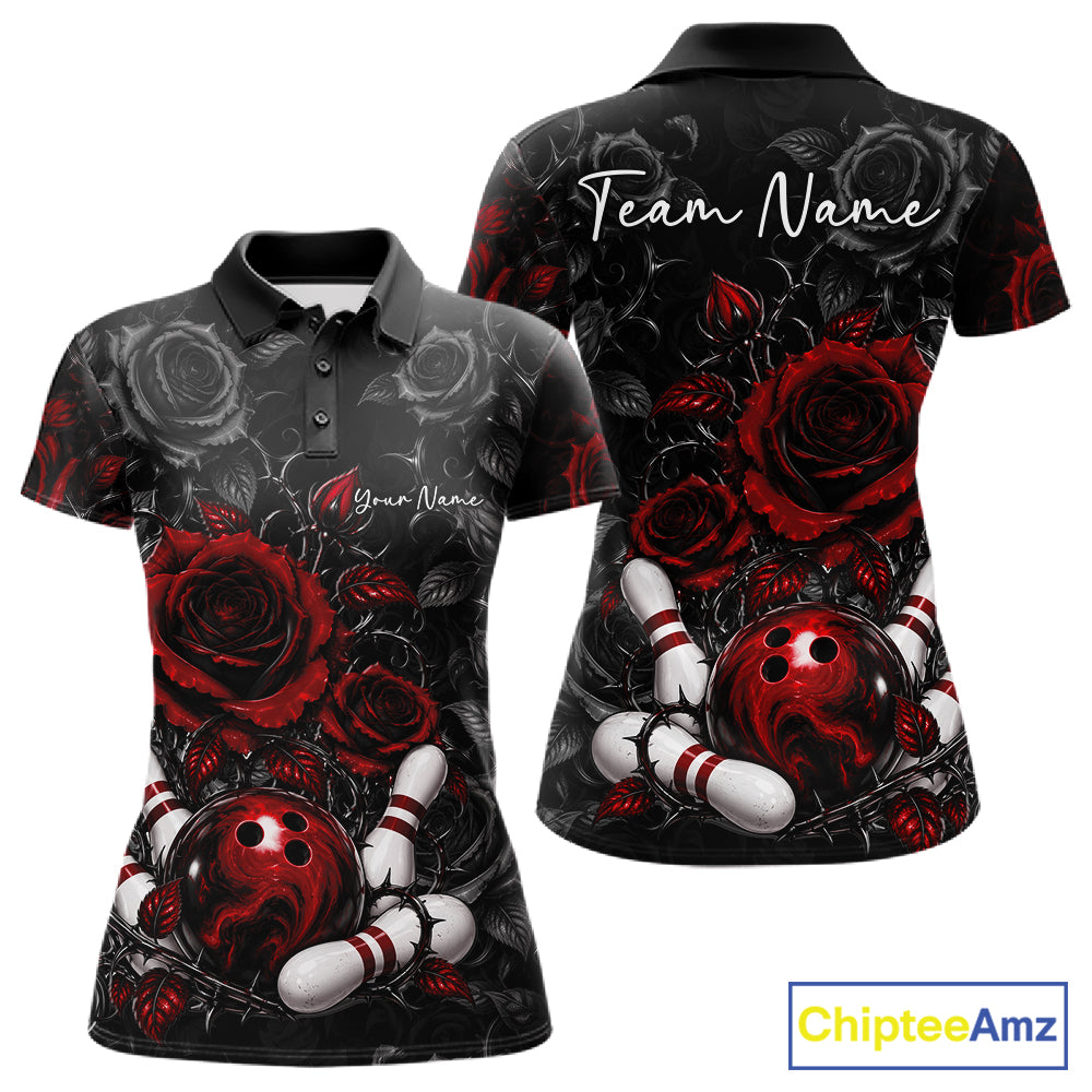 Custom Red Roses Bowling Team Shirt, Flower Bowling Lover Women Polo Shirt Bowlers Gift IPHW12238