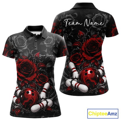 Custom Red Roses Bowling Team Shirt, Flower Bowling Lover Women Polo Shirt Bowlers Gift IPHW12238