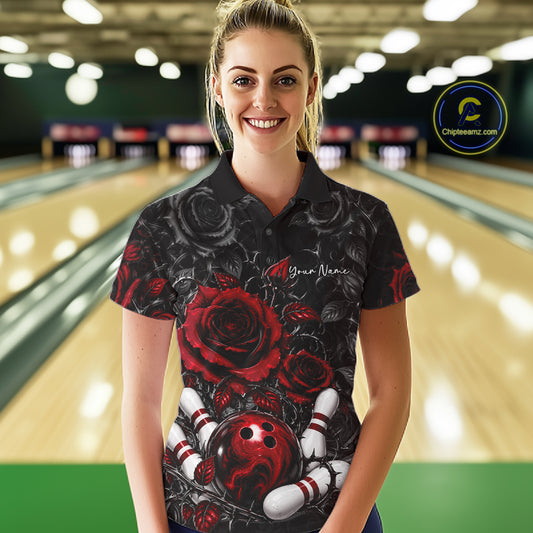 Custom Red Roses Bowling Team Shirt, Flower Bowling Lover Women Polo Shirt Bowlers Gift IPHW12238