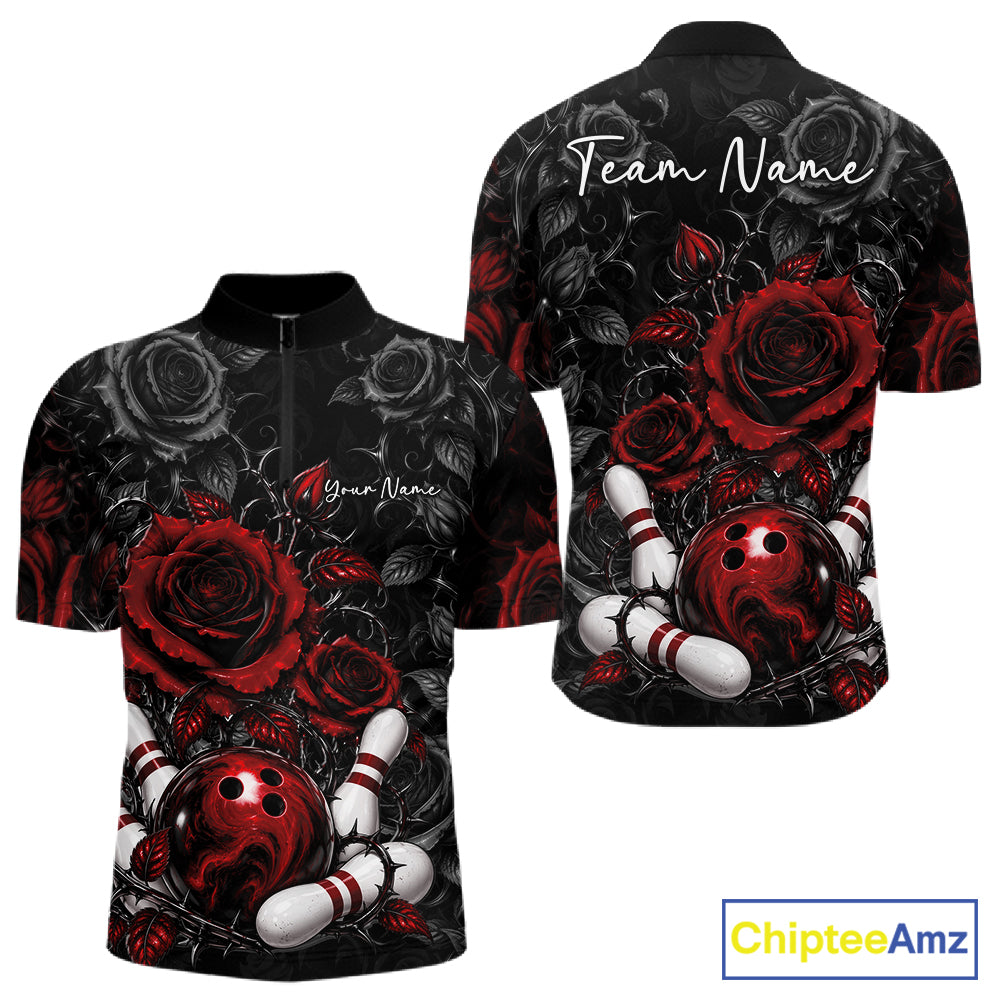 Custom Red Roses Bowling Team Shirt, Flower Bowling Lover Men Quarter Zip Shirt Bowlers Gift IPHW12238
