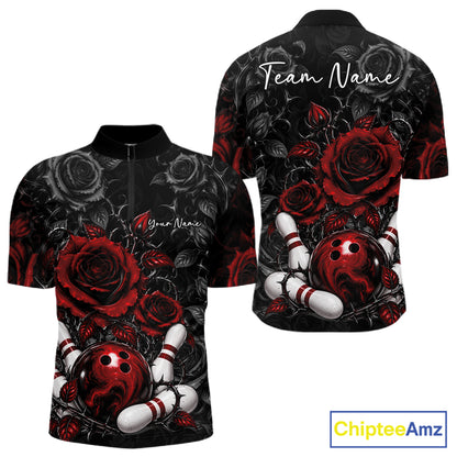 Custom Red Roses Bowling Team Shirt, Flower Bowling Lover Men Quarter Zip Shirt Bowlers Gift IPHW12238