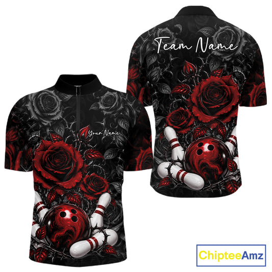 Custom Red Roses Bowling Team Shirt, Flower Bowling Lover Men Quarter Zip Shirt Bowlers Gift IPHW12238