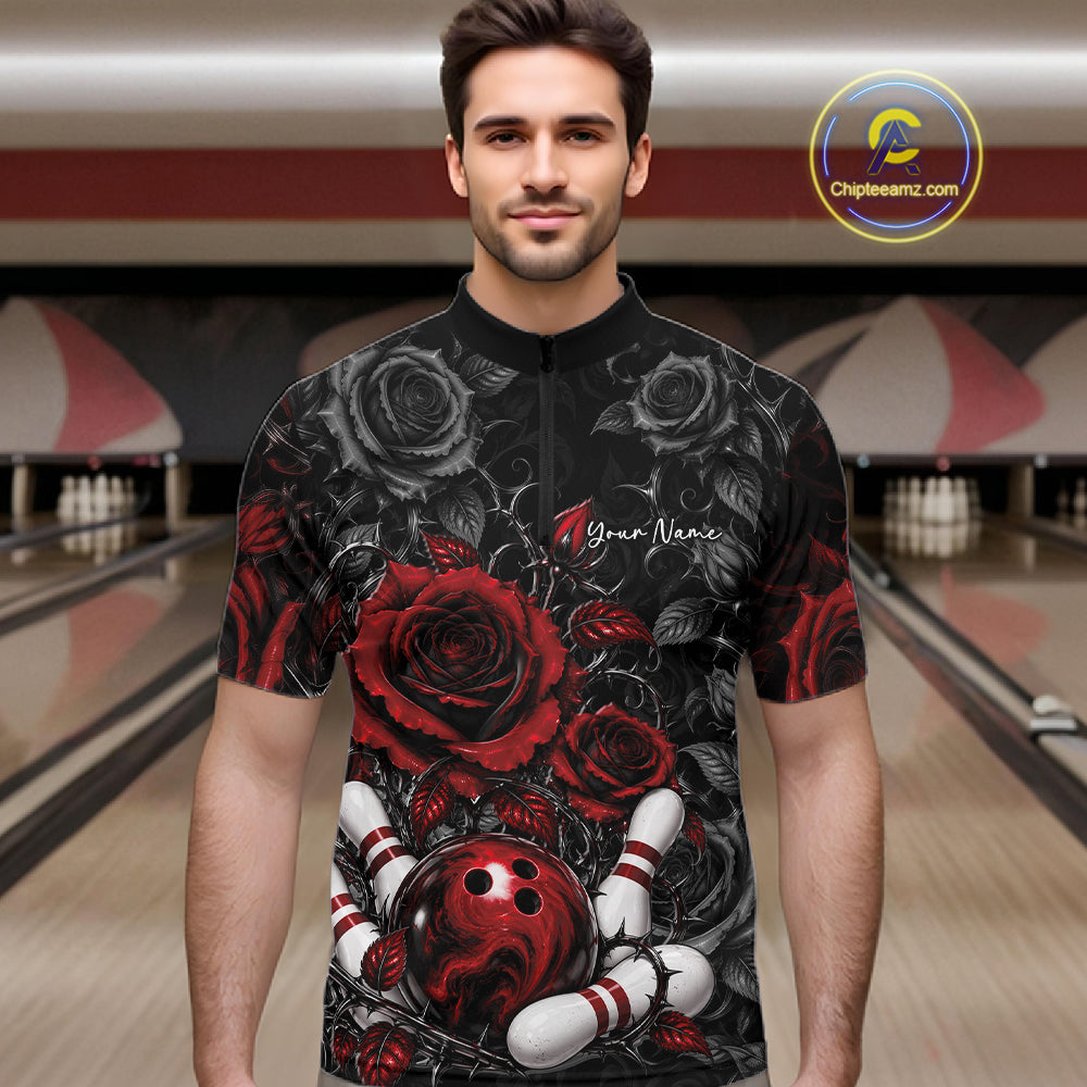 Custom Red Roses Bowling Team Shirt, Flower Bowling Lover Men Quarter Zip Shirt Bowlers Gift IPHW12238