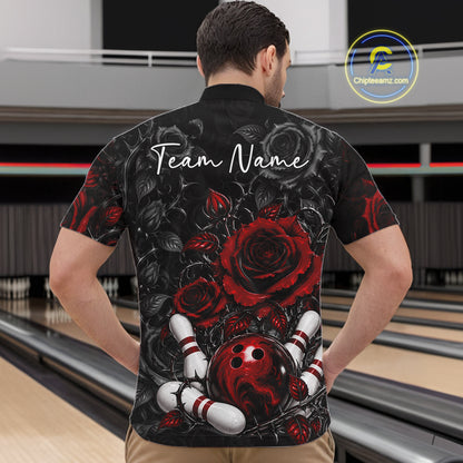 Custom Red Roses Bowling Team Shirt, Flower Bowling Lover Men Quarter Zip Shirt Bowlers Gift IPHW12238