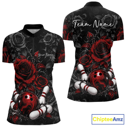 Custom Red Roses Flower Bowling Lover Women Quarter-Zip Shirt Bowlers Gift IPHW12238