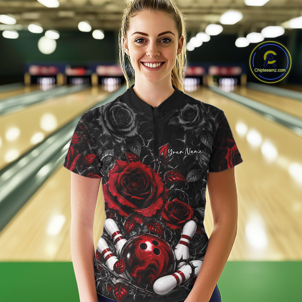 Custom Red Roses Flower Bowling Lover Women Quarter-Zip Shirt Bowlers Gift IPHW12238