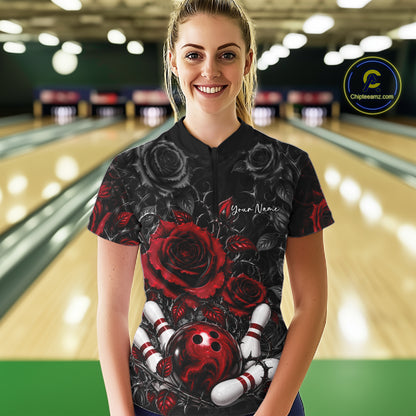 Custom Red Roses Flower Bowling Lover Women Quarter-Zip Shirt Bowlers Gift IPHW12238