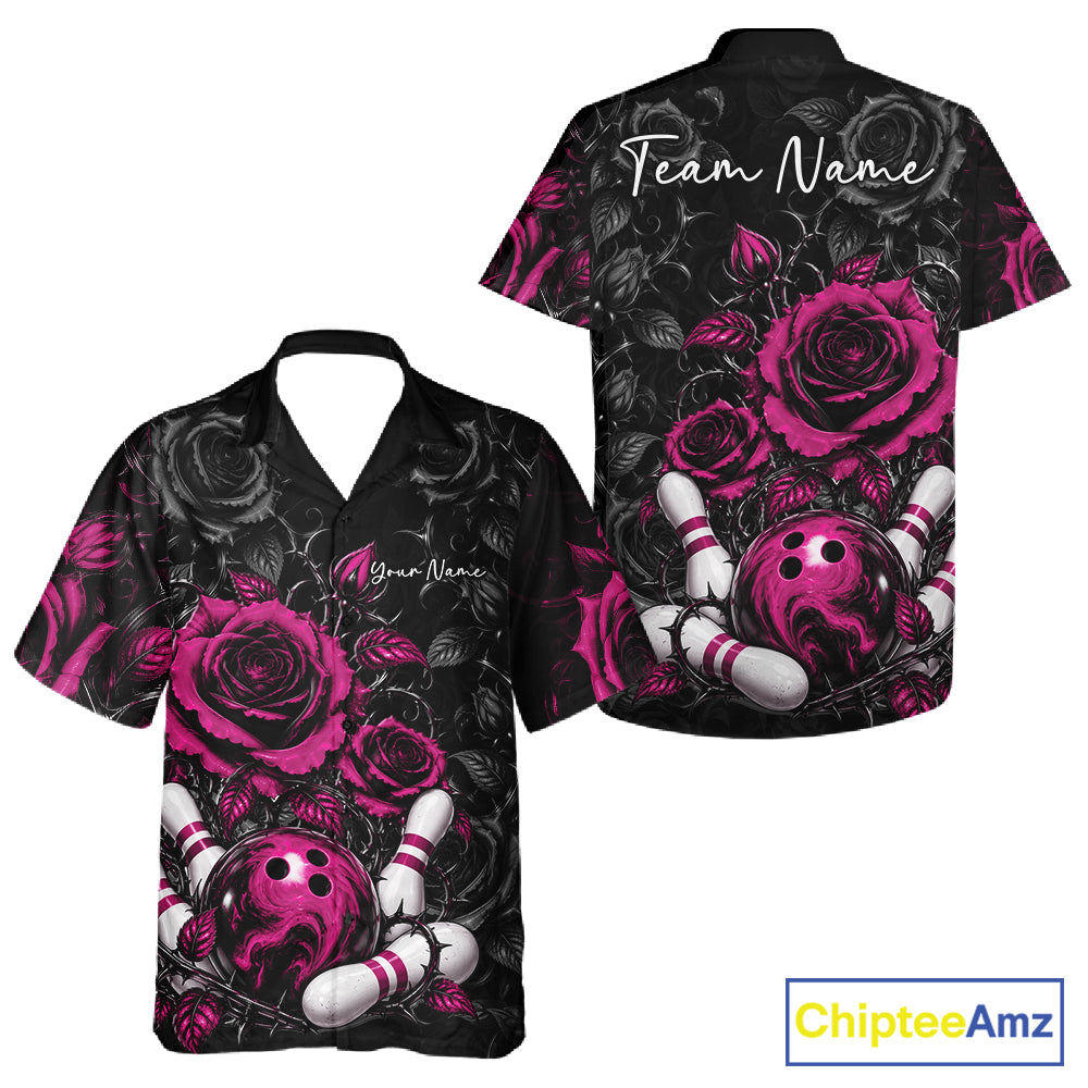 Custom Pink Roses Bowling Team Shirt, Flower Bowling Lover Men And Women Button Up Shirt Bowlers Gift IPHW12239