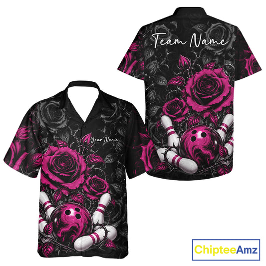 Custom Pink Roses Bowling Team Shirt, Flower Bowling Lover Men And Women Button Up Shirt Bowlers Gift IPHW12239