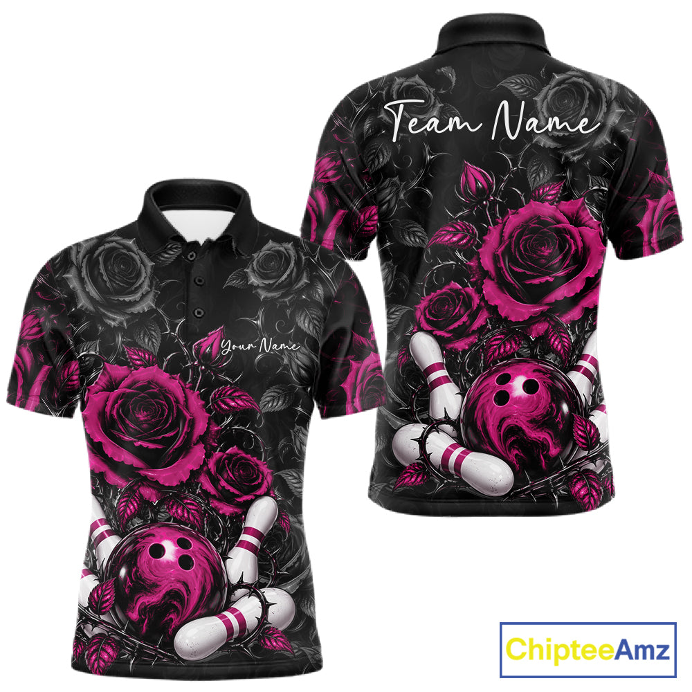 Custom Pink Roses Bowling Team Shirt, Flower Bowling Lover Men Polo Shirt Bowlers Gift IPHW12239