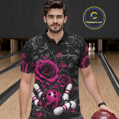 Custom Pink Roses Bowling Team Shirt, Flower Bowling Lover Men Polo Shirt Bowlers Gift IPHW12239