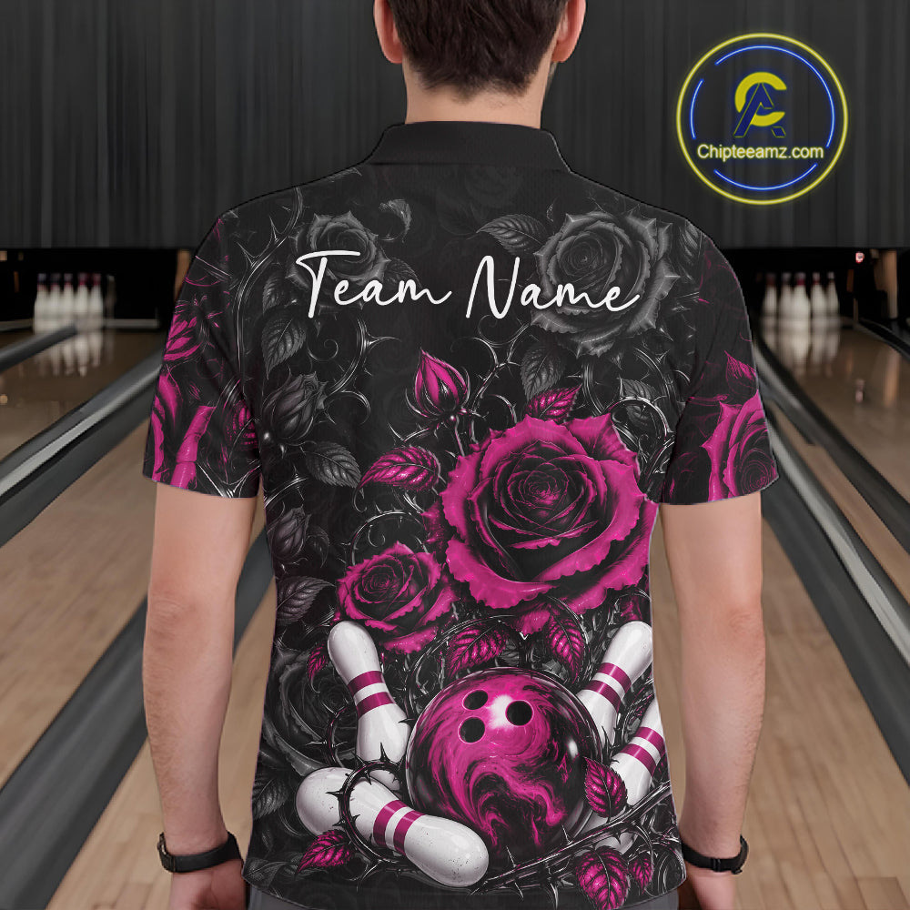 Custom Pink Roses Bowling Team Shirt, Flower Bowling Lover Men Polo Shirt Bowlers Gift IPHW12239