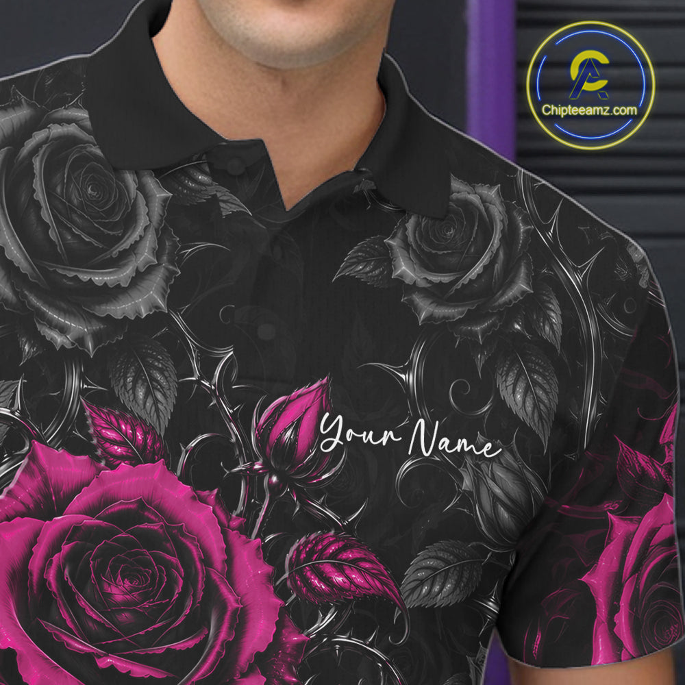 Custom Pink Roses Bowling Team Shirt, Flower Bowling Lover Men Polo Shirt Bowlers Gift IPHW12239