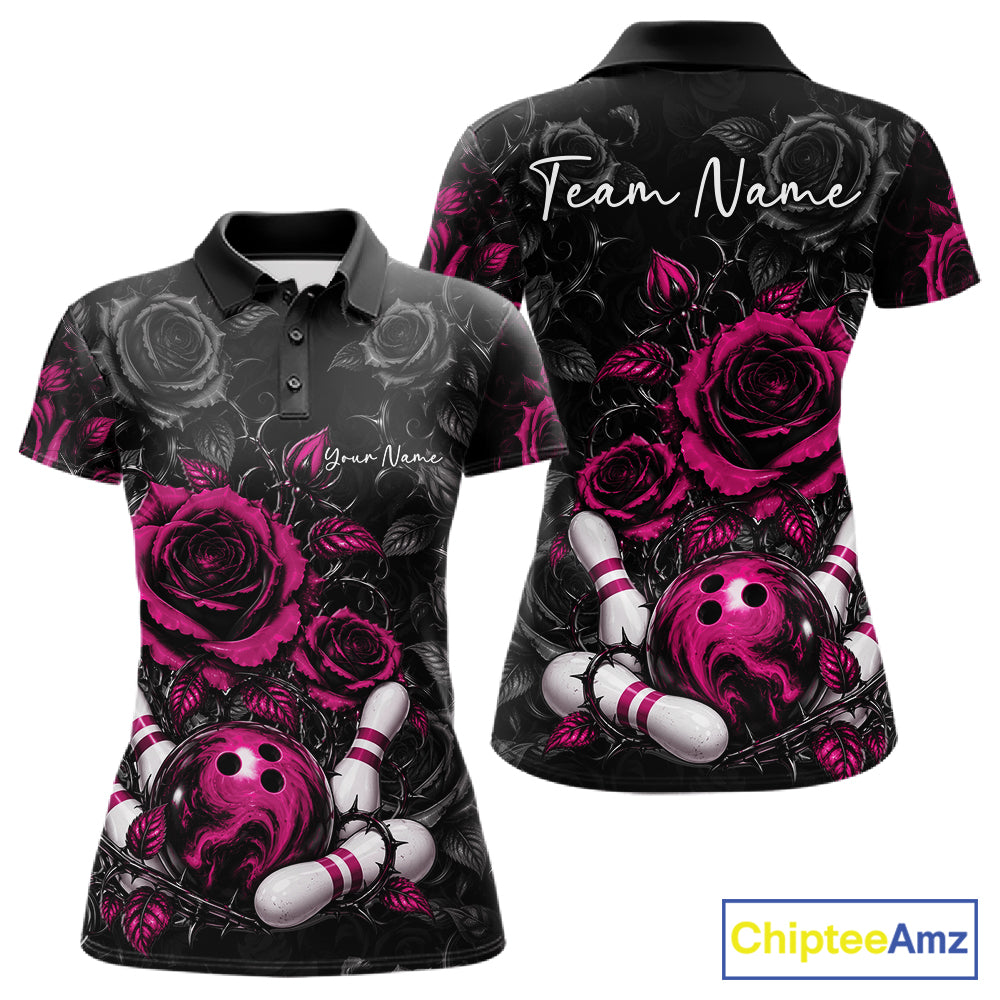 Custom Pink Roses Bowling Team Shirt, Flower Bowling Lover Women Polo Shirt Bowlers Gift IPHW12239