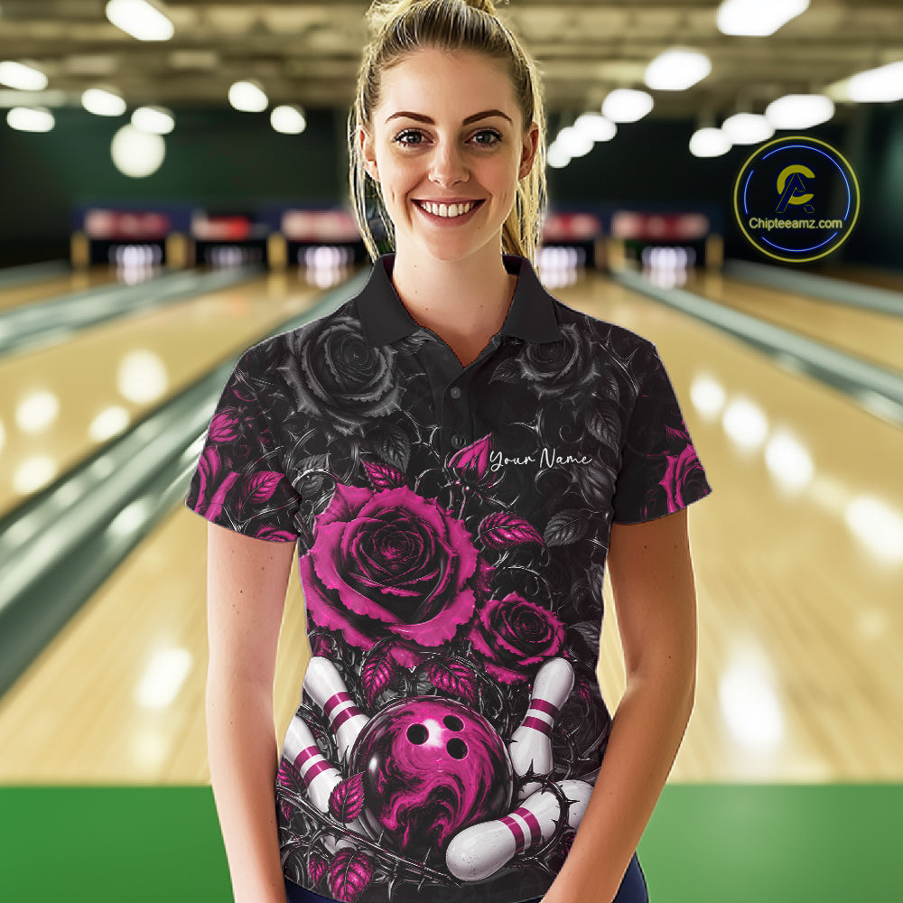 Custom Pink Roses Bowling Team Shirt, Flower Bowling Lover Women Polo Shirt Bowlers Gift IPHW12239
