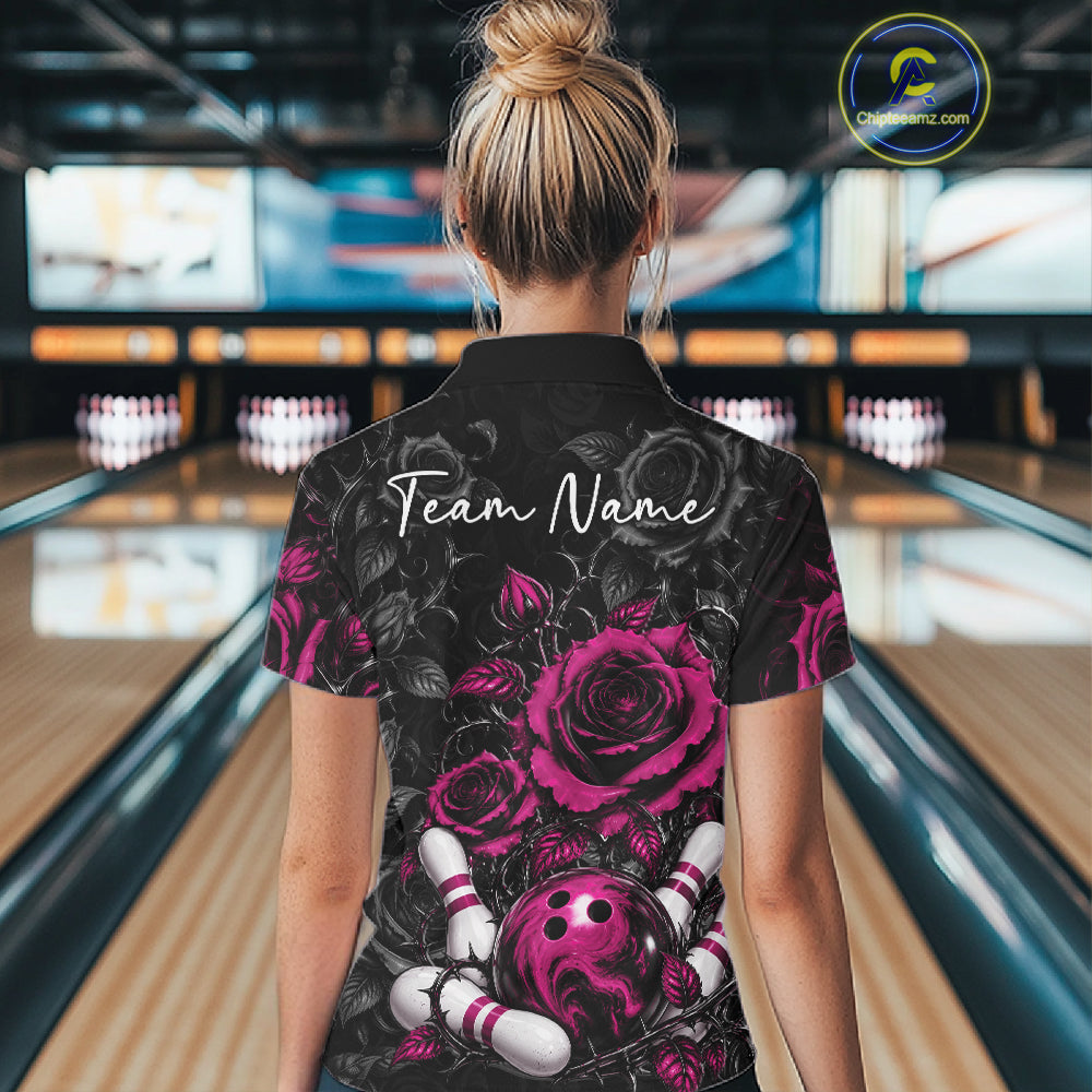 Custom Pink Roses Bowling Team Shirt, Flower Bowling Lover Women Polo Shirt Bowlers Gift IPHW12239