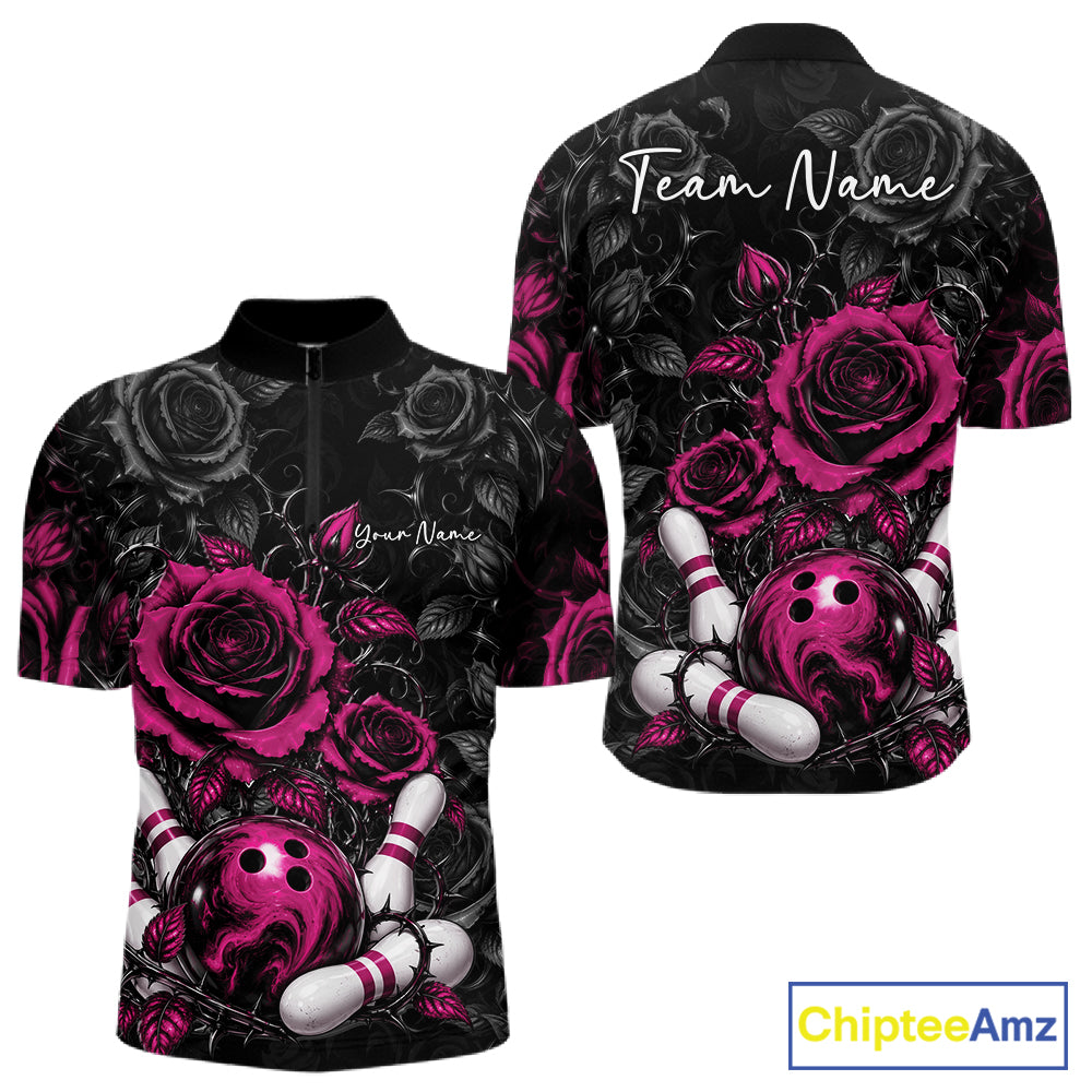 Custom Pink Roses Bowling Team Shirt, Flower Bowling Lover Men Quarter Zip Shirt Bowlers Gift IPHW12239