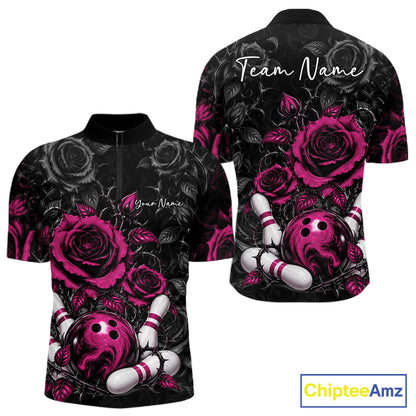 Custom Pink Roses Bowling Team Shirt, Flower Bowling Lover Men Quarter Zip Shirt Bowlers Gift IPHW12239