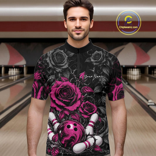 Custom Pink Roses Bowling Team Shirt, Flower Bowling Lover Men Quarter Zip Shirt Bowlers Gift IPHW12239