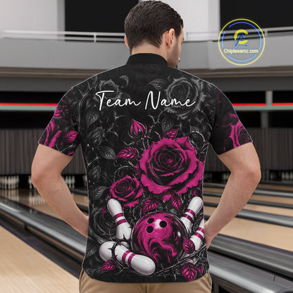 Custom Pink Roses Bowling Team Shirt, Flower Bowling Lover Men Quarter Zip Shirt Bowlers Gift IPHW12239