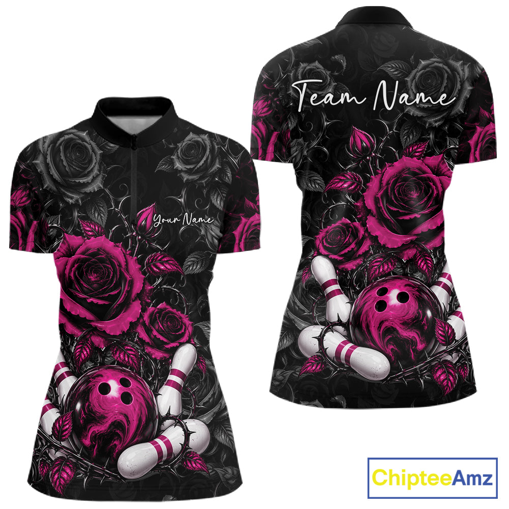 Custom Pink Roses Flower Bowling Lover Women Quarter-Zip Shirt Bowlers Gift IPHW12239
