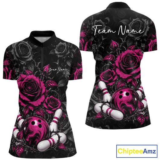 Custom Pink Roses Flower Bowling Lover Women Quarter-Zip Shirt Bowlers Gift IPHW12239