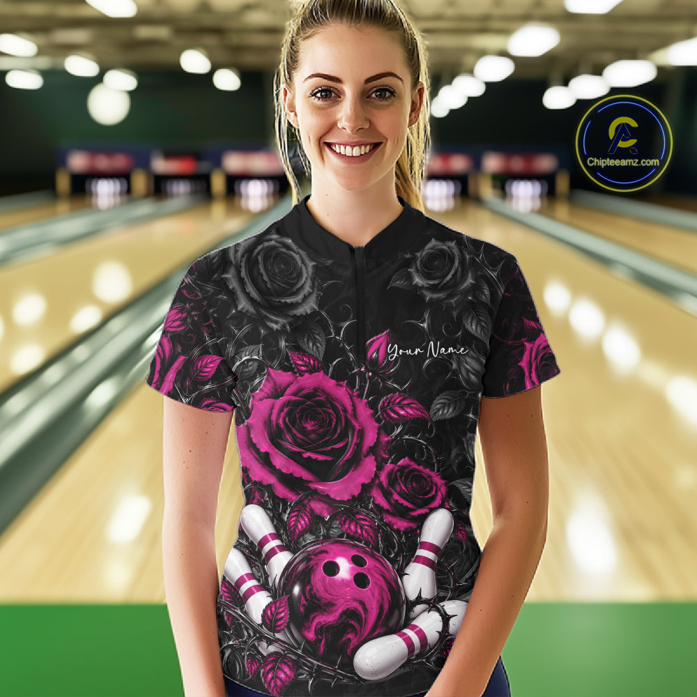Custom Pink Roses Flower Bowling Lover Women Quarter-Zip Shirt Bowlers Gift IPHW12239