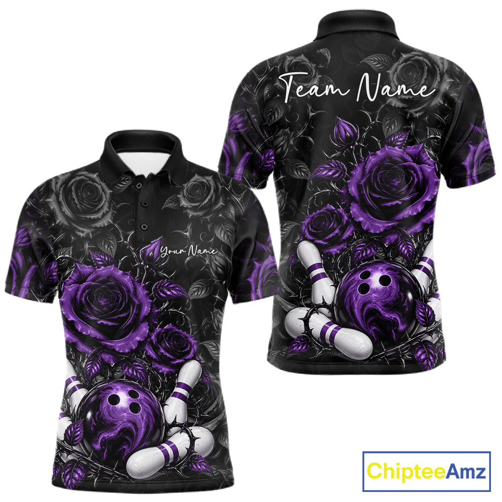 Custom Purple Roses Bowling Team Shirt, Flower Bowling Lover Men Polo Shirt Bowlers Gift IPHW12240