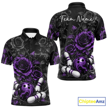 Custom Purple Roses Bowling Team Shirt, Flower Bowling Lover Men Polo Shirt Bowlers Gift IPHW12240
