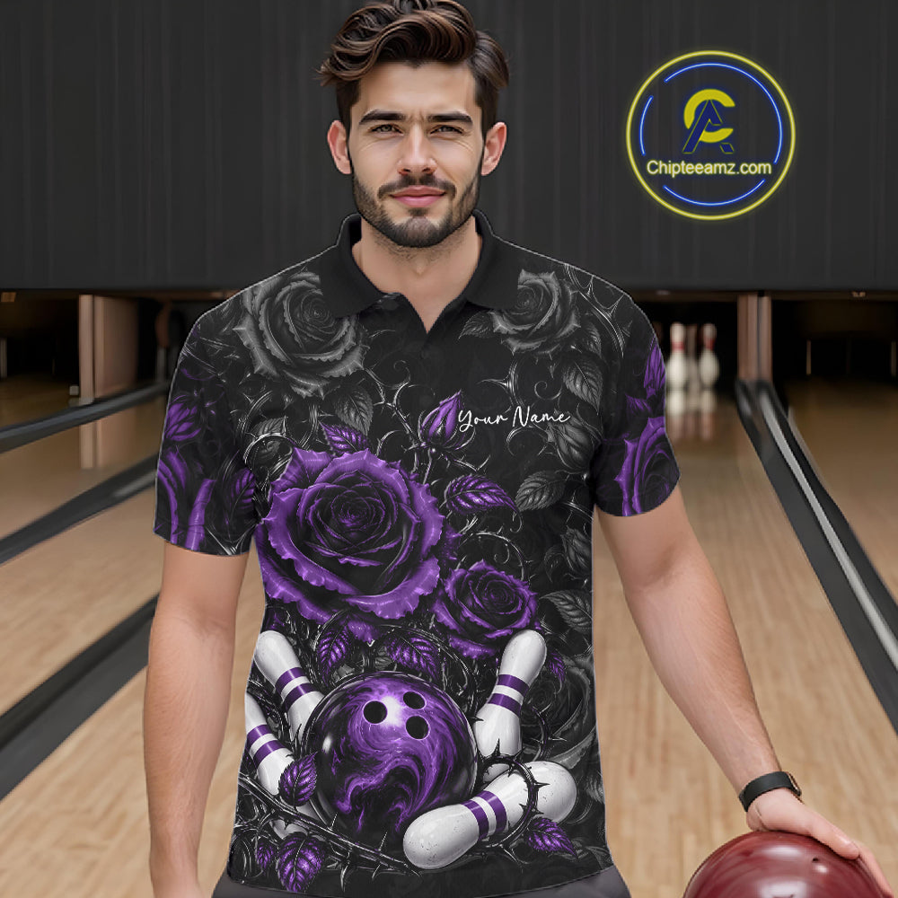 Custom Purple Roses Bowling Team Shirt, Flower Bowling Lover Men Polo Shirt Bowlers Gift IPHW12240