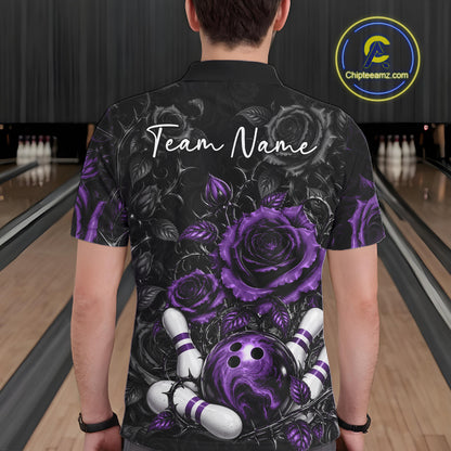 Custom Purple Roses Bowling Team Shirt, Flower Bowling Lover Men Polo Shirt Bowlers Gift IPHW12240