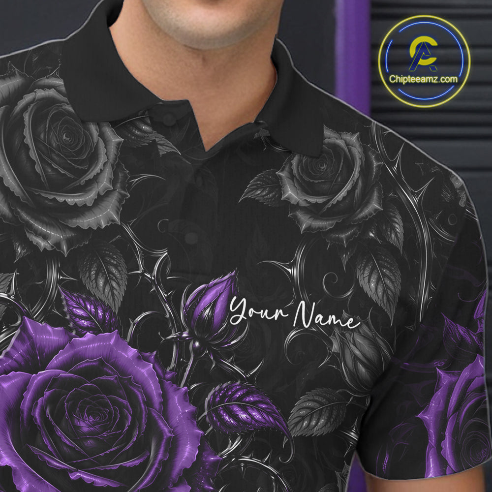 Custom Purple Roses Bowling Team Shirt, Flower Bowling Lover Men Polo Shirt Bowlers Gift IPHW12240