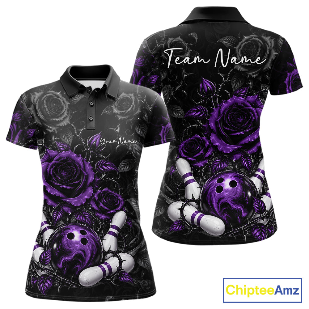 Custom Purple Roses Bowling Team Shirt, Flower Bowling Lover Women Polo Shirt Bowlers Gift IPHW12240