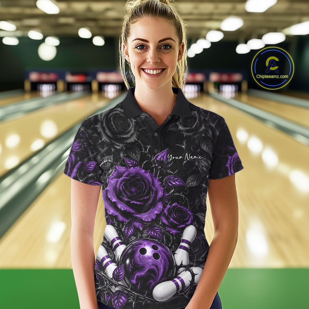 Custom Purple Roses Bowling Team Shirt, Flower Bowling Lover Women Polo Shirt Bowlers Gift IPHW12240