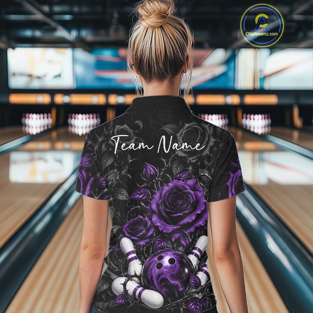 Custom Purple Roses Bowling Team Shirt, Flower Bowling Lover Women Polo Shirt Bowlers Gift IPHW12240