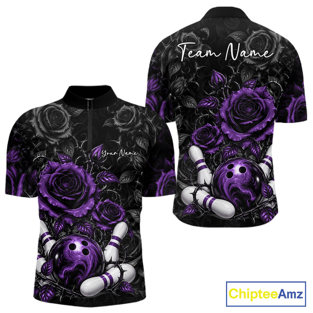 Custom Purple Roses Bowling Team Shirt, Flower Bowling Lover Men Quarter Zip Shirt Bowlers Gift IPHW12240