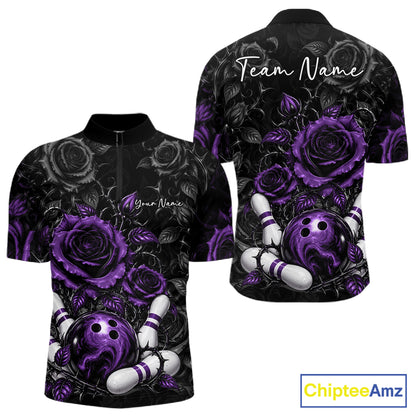 Custom Purple Roses Bowling Team Shirt, Flower Bowling Lover Men Quarter Zip Shirt Bowlers Gift IPHW12240