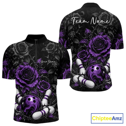Custom Purple Roses Bowling Team Shirt, Flower Bowling Lover Men Quarter Zip Shirt Bowlers Gift IPHW12240