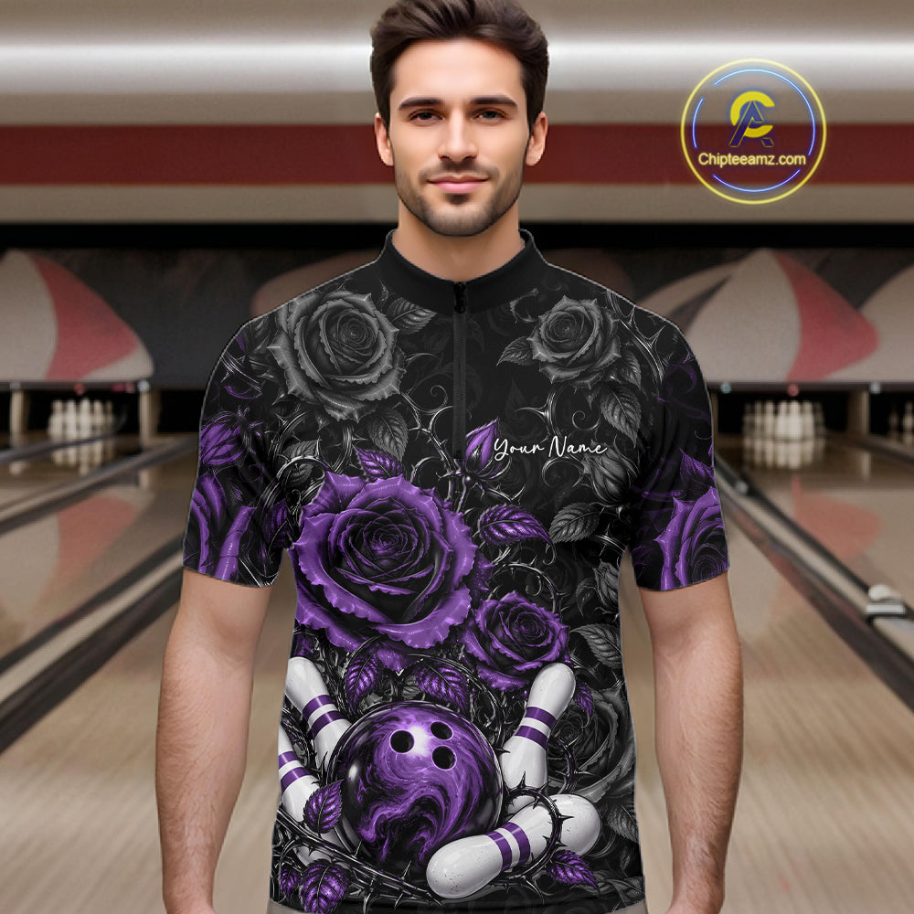 Custom Purple Roses Bowling Team Shirt, Flower Bowling Lover Men Quarter Zip Shirt Bowlers Gift IPHW12240