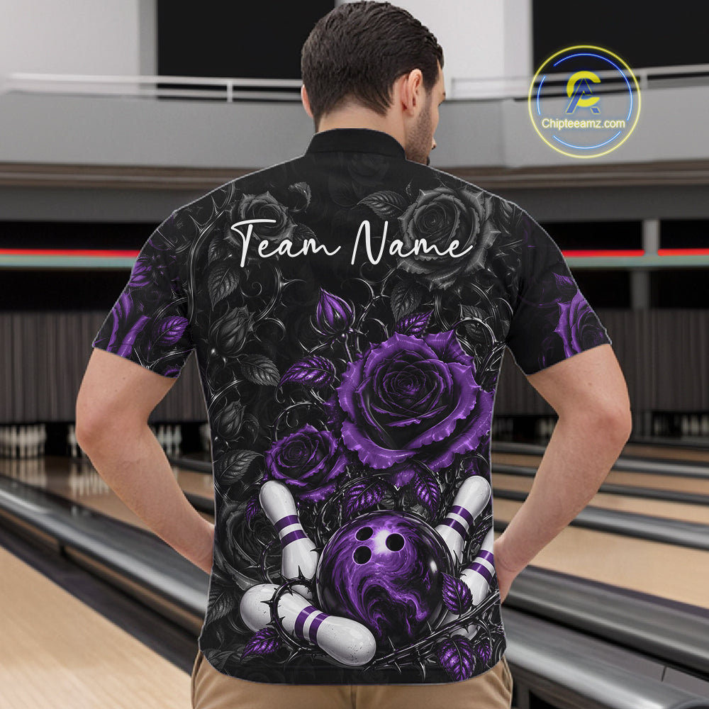 Custom Purple Roses Bowling Team Shirt, Flower Bowling Lover Men Quarter Zip Shirt Bowlers Gift IPHW12240